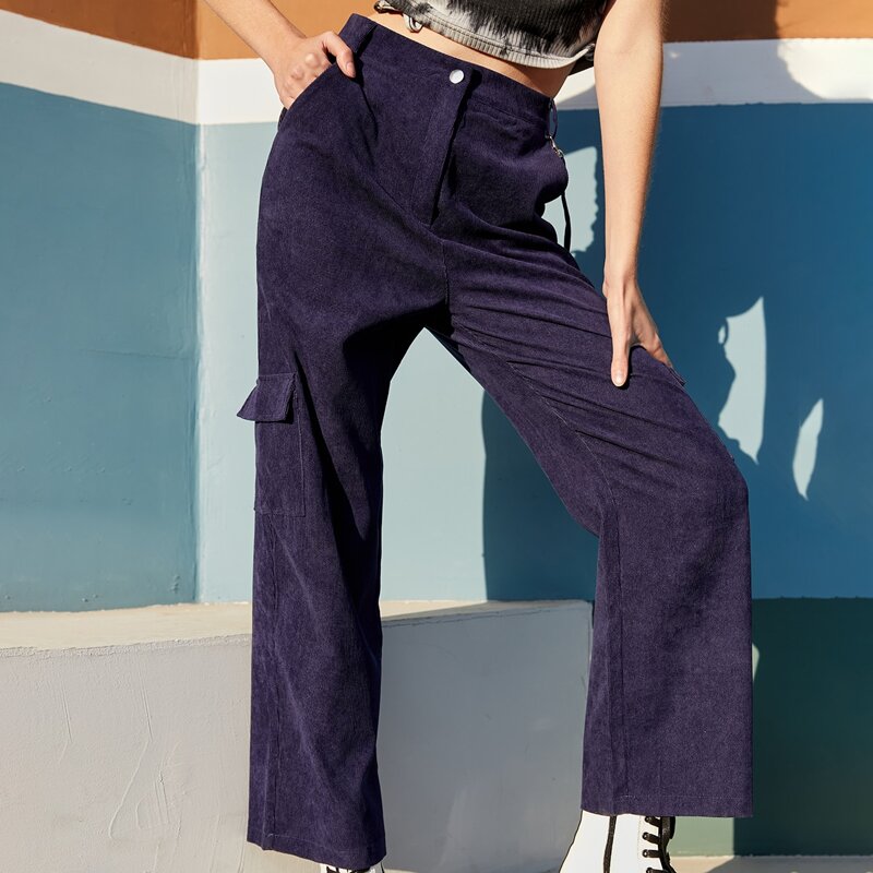 

High Waist Corduroy Cargo Pants, Navy blue