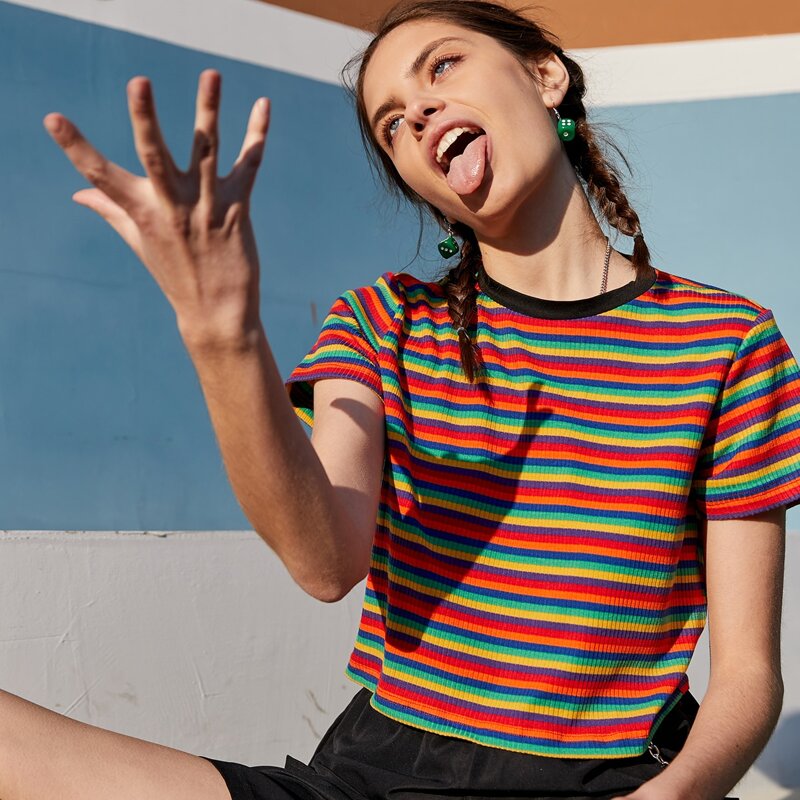 

Rainbow Striped Crop Tee, Multicolor