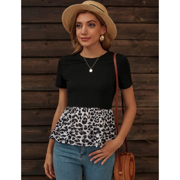

Leopard Colorblock Peplum Tee, Black