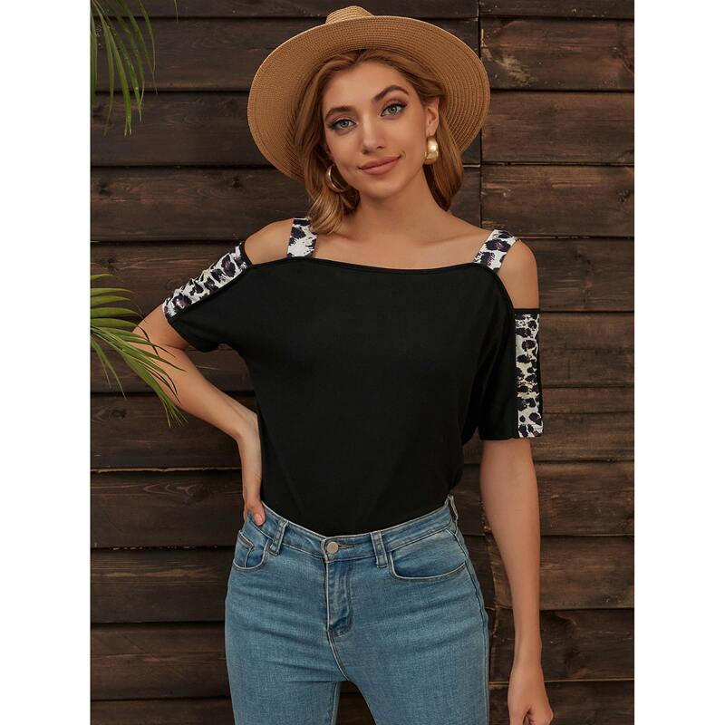 

Cold Shoulder Leopard Colorblock Tee, Black
