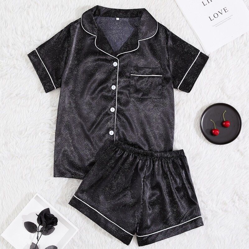 

Satin Polka Dot Binding Night Set, Black