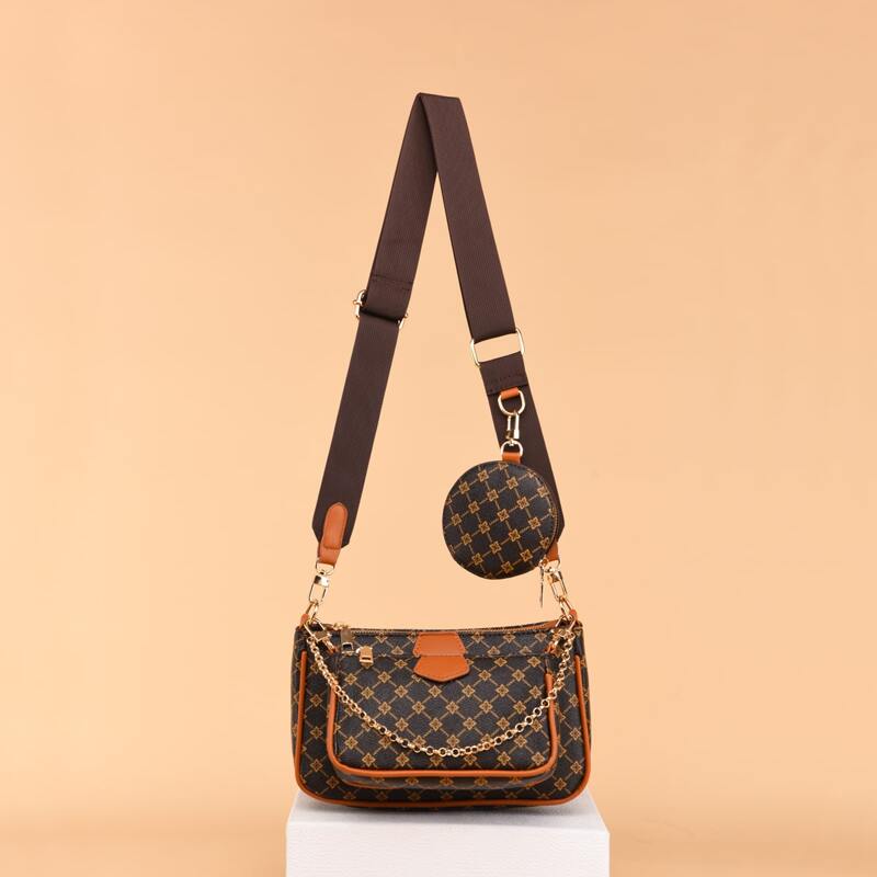 

3pcs Geometric Print Shoulder Bag Set, Coffee brown