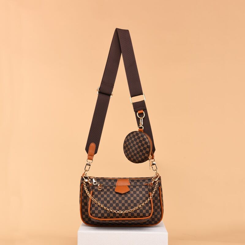 

3pcs Geometric Print Shoulder Bag Set, Coffee brown