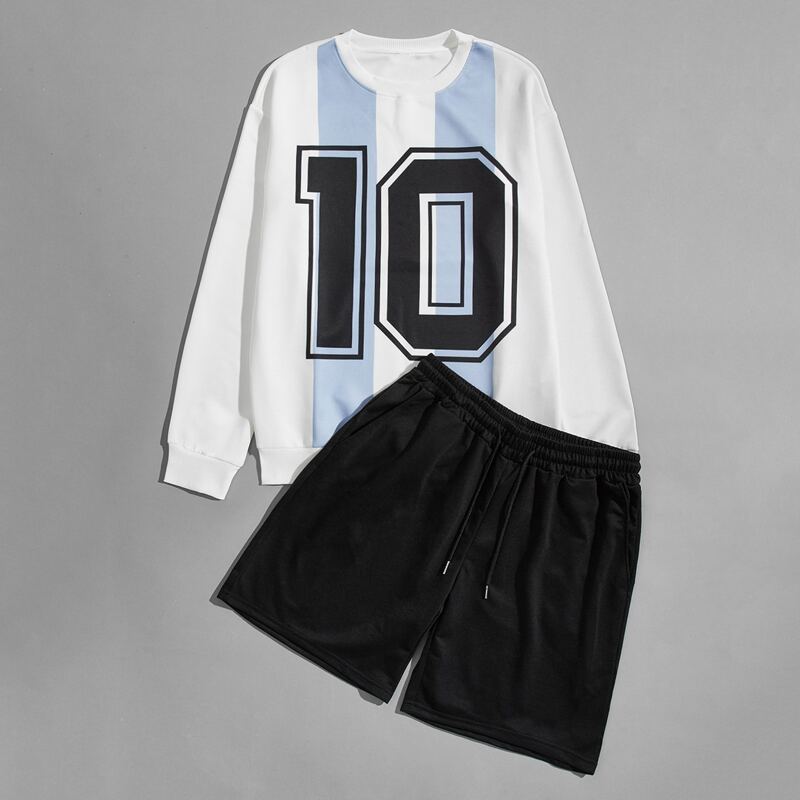 

Guys Number Print Sweatshirt & Drawstring Track Shorts, Black and white