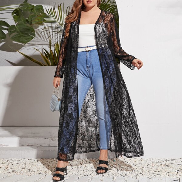 

Plus Sheer Lace Open Front Kimono, Black
