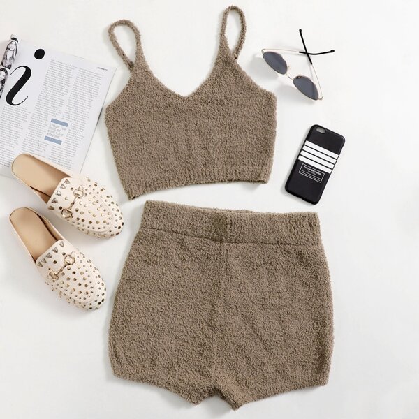

Solid Knit Cami Top & Knit Shorts, Mocha brown