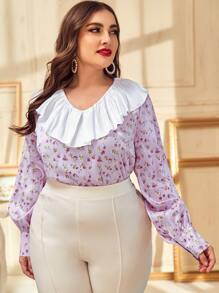 SHEIN Plus Contrast Ruffle Trim Ditsy Floral Top - Multicolor - View 1