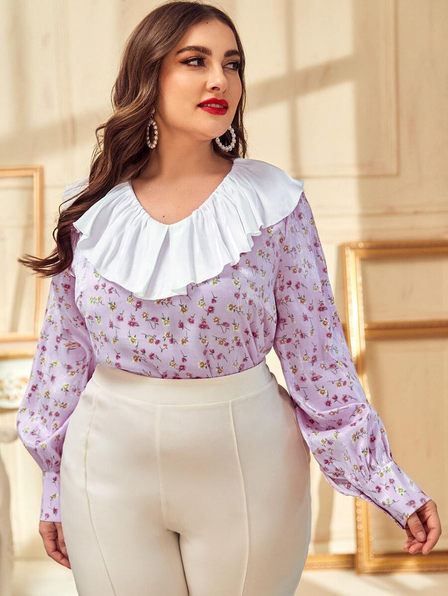 SHEIN Plus Contrast Ruffle Trim Ditsy Floral Top - Multicolor - View 1