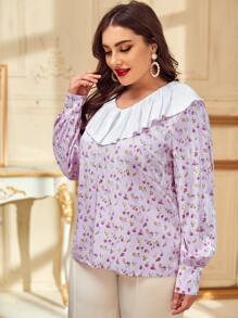 SHEIN Plus Contrast Ruffle Trim Ditsy Floral Top - Multicolor - View 4