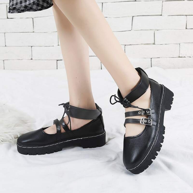 

Lace-up Ankle Strap Mary Jane Flats, Black