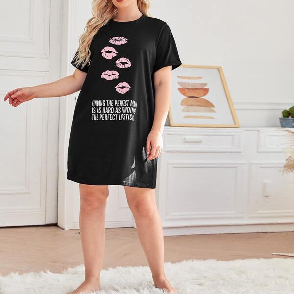 

Plus Slogan And Lip Print Dress, Black