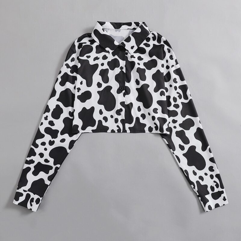 

Cow Print Button Front Crop Blouse, Black and white