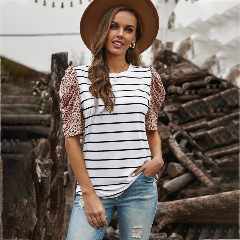 

Striped Print Puff Sleeve Tee, White