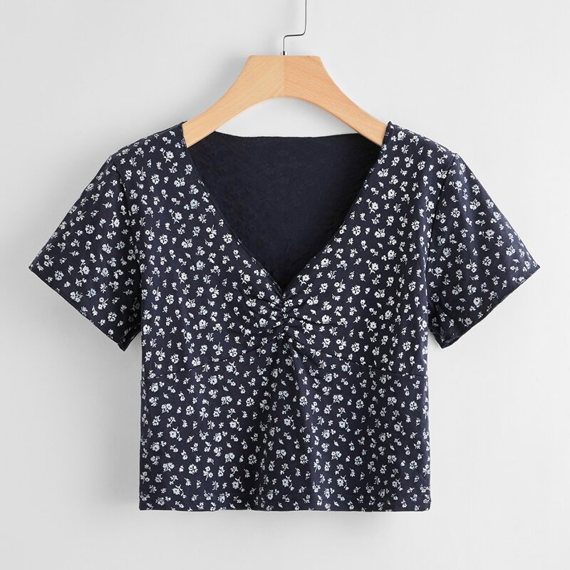 

Ditsy Flower Ruched Crop Tee, Navy blue
