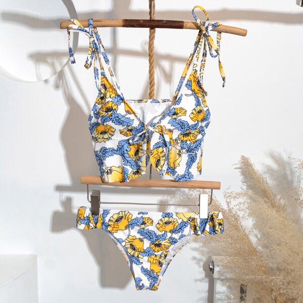

Floral Ruffle Hem Knot Detail Bikini Swimsuit, Multicolor