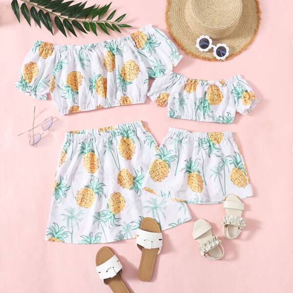

Girls Pineapple And Tropical Print Crop Bardot Top With Skirt, White