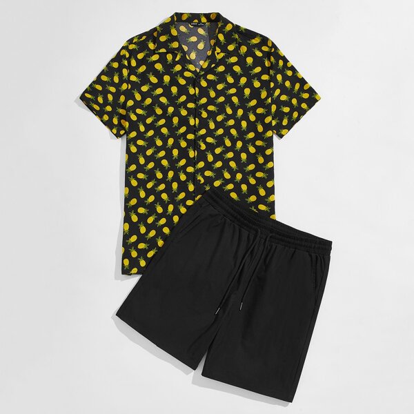 

Men Pineapple Print Shirt & Shorts Set, Multicolor