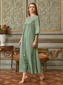 Al Najma Gilding Print Lace Trim Dress - Mint Green - View 1