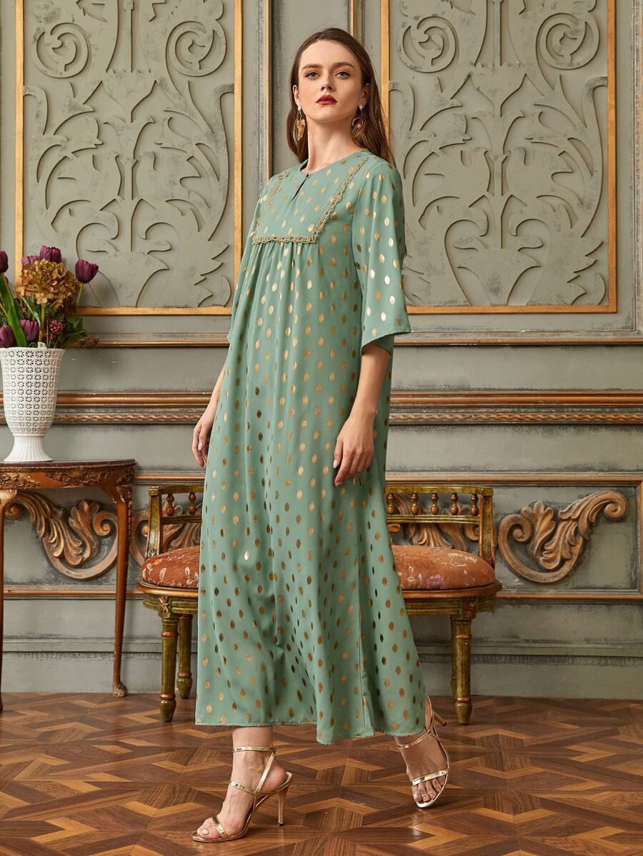 Al Najma Gilding Print Lace Trim Dress - Mint Green - View 1