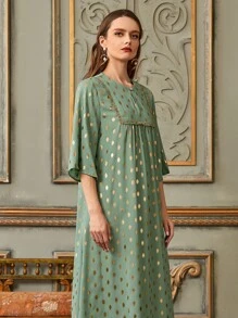 Al Najma Gilding Print Lace Trim Dress - Mint Green - View 3
