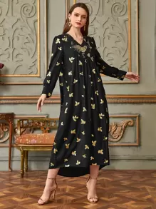 Seusyu V-neck Plants Print Maxi Dress - Black - View 1