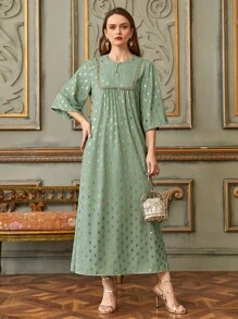 Al Najma Gilding Print Lace Trim Dress - Mint Green - View 4