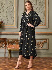Seusyu V-neck Plants Print Maxi Dress - Black - View 3