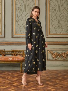 Seusyu V-neck Plants Print Maxi Dress - Black - View 5