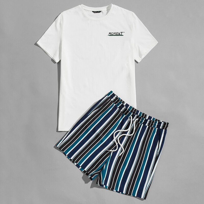 

Guys Letter Graphic Tee & Striped Shorts Set, Multicolor