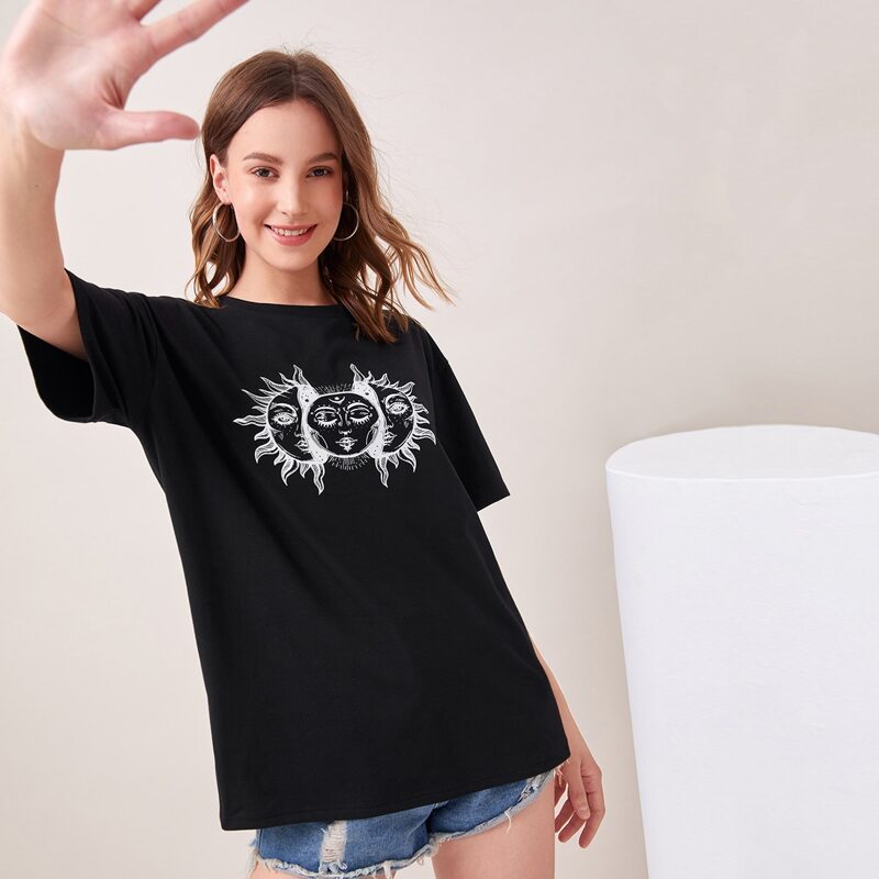 

Sun & Moon Graphic Oversized Tee, Black