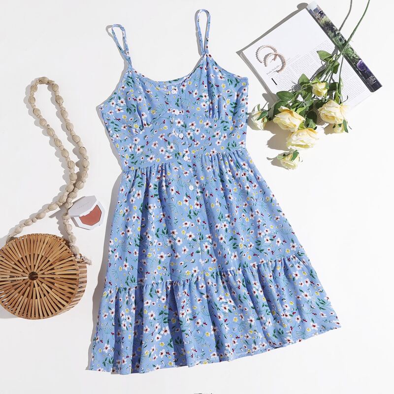 

Ditsy Floral Ruffle Hem Cami Dress, Dusty blue