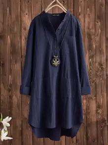 半紐扣前短後長長款襯衫不附項鍊 - 藏蓝色 - 查看 1