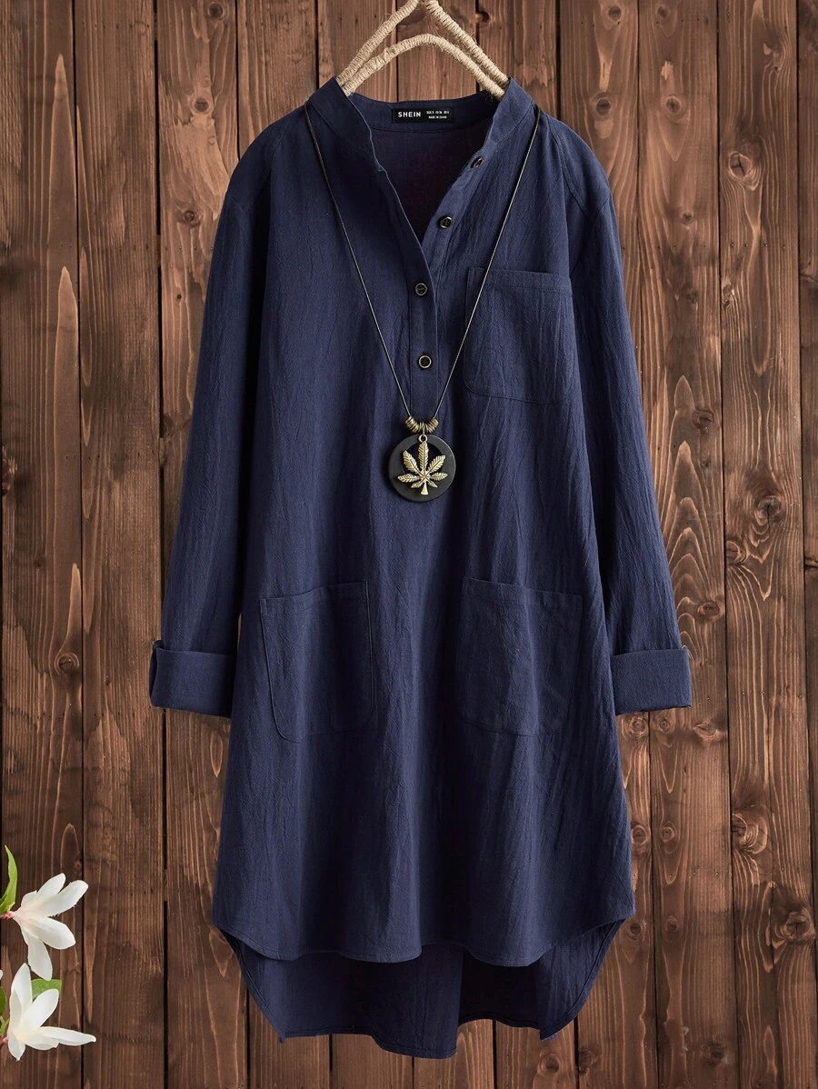 半紐扣前短後長長款襯衫不附項鍊 - 藏蓝色 - 查看 1