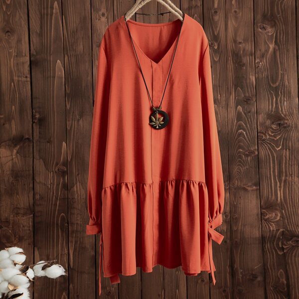 

Knot Cuff Ruffle Hem Babydoll Dress Without Necklace, Burnt orange