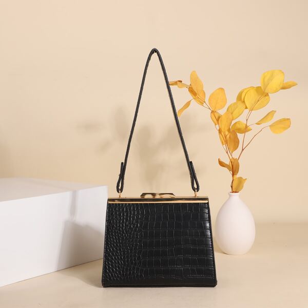 

Metal Lock Croc Embossed Shoulder Bag, Black