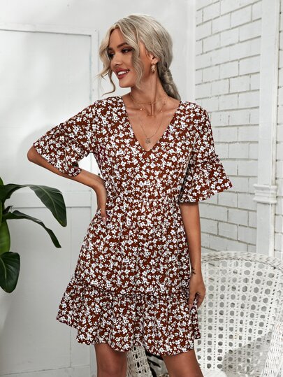 SHEIN Tie Backless Ditsy Floral Dress