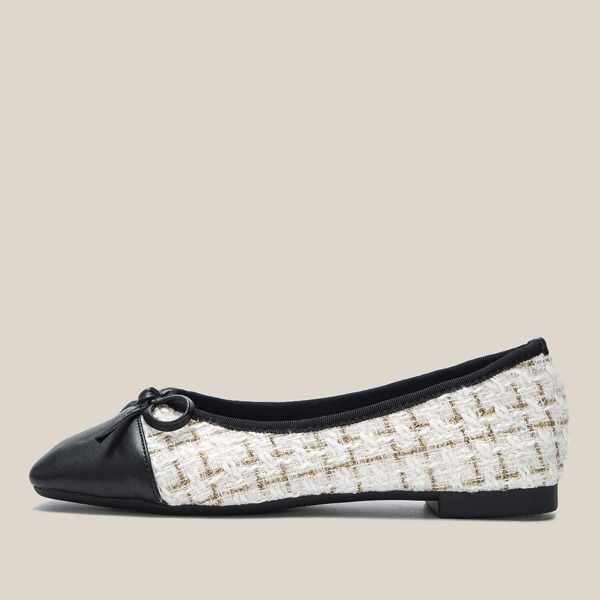 

Bow Decor Square Toe Flats, Black and white