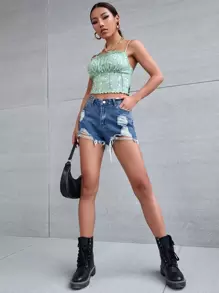 Soleia Xịt ngực xù lông trước đường may sling top - Màu xanh Bạc hà - Xem 3