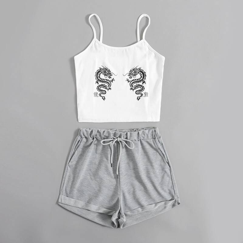 

Chinese Dragon Graphic Crop Cami & Cuffed Shorts, Multicolor
