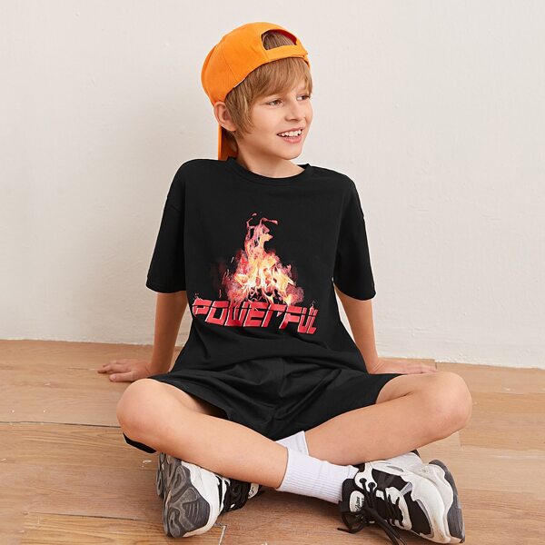 

Boys Letter & Fire Print Tee and Shorts Set, Black