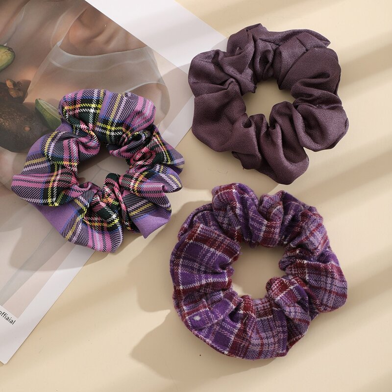 

3pcs Plaid Print Pleated Scrunchie, Multicolor