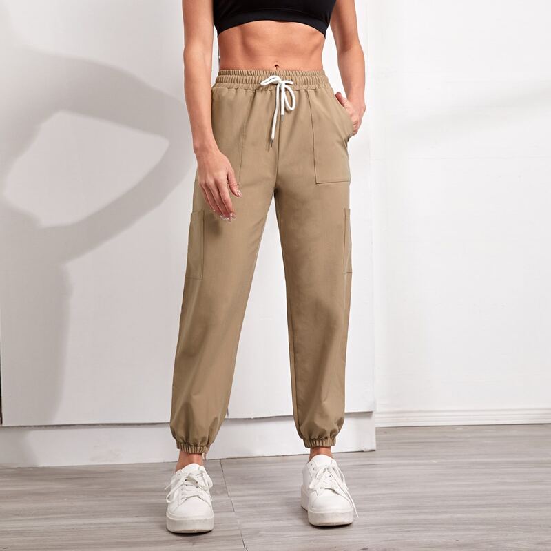 

Drawstring Waist Slant Pocket Sports Pants, Apricot