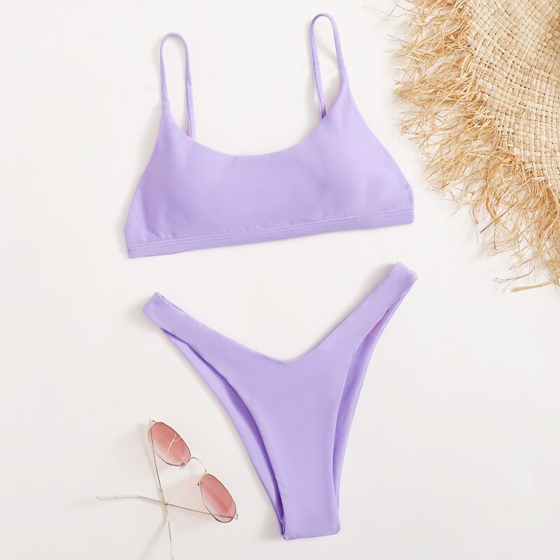 

Solid High Leg Bikini Swimsuit, Lilac purple