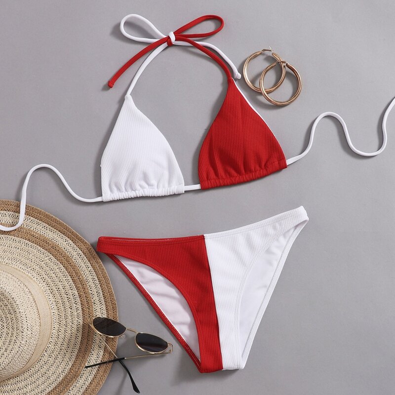 

Colorblock Triangle Halter Bikini Swimsuit, Red and white