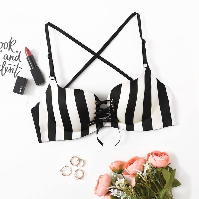 

Stripe Lace-up Push Up Bra, Black and white