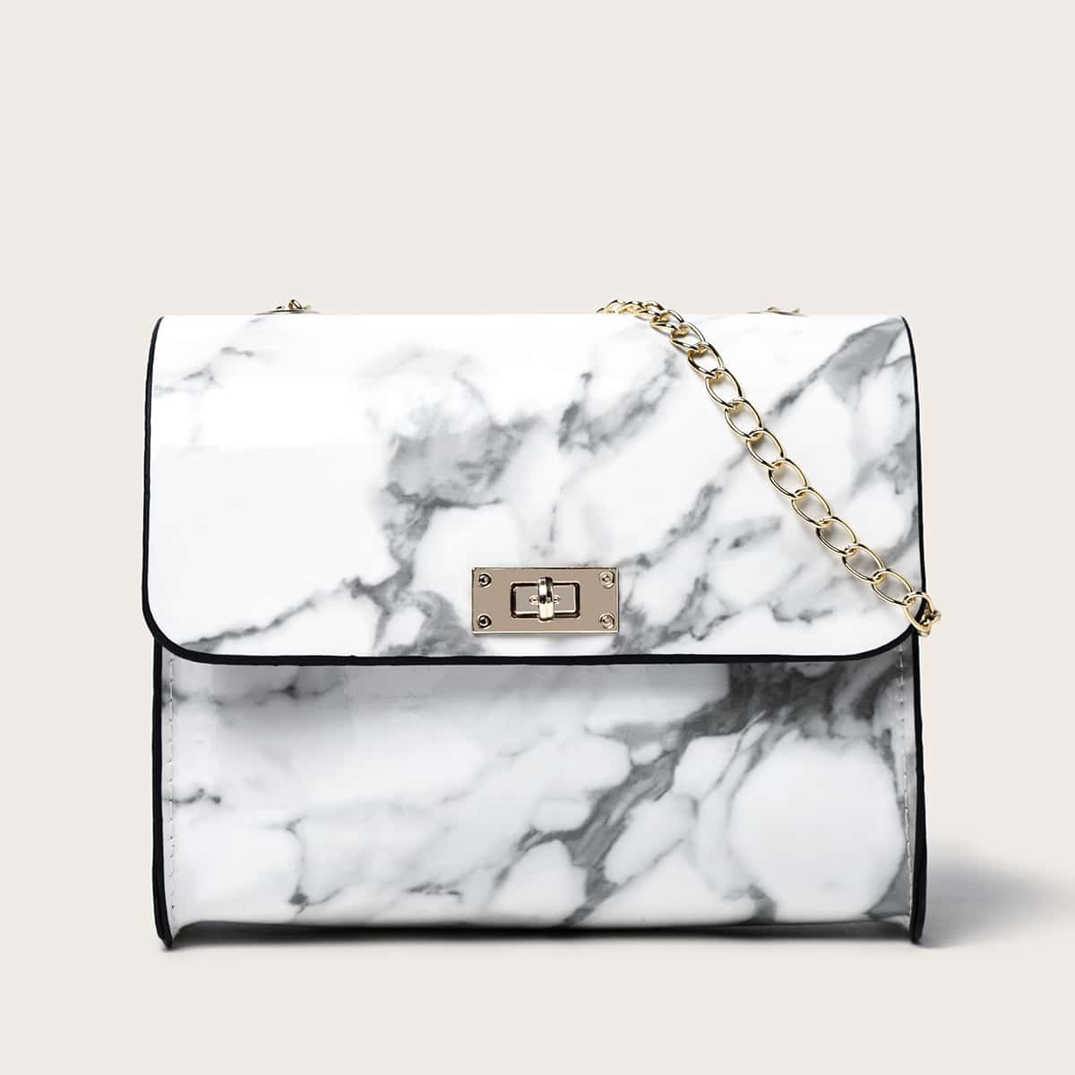 

Marble Pattern Chain Crossbody Bag, White