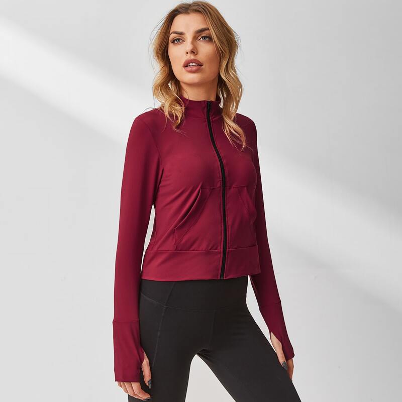 

Zip Up Pocket Front Sports Jacket With Thumb Hole, Maroon