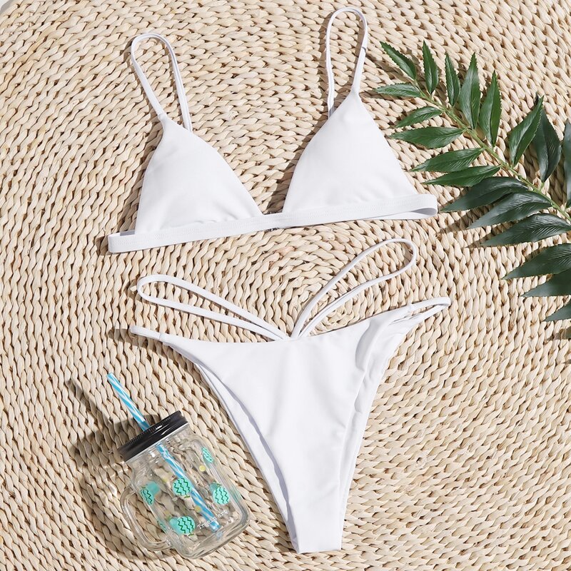 

Solid Triangle Bikini Swimsuit, White