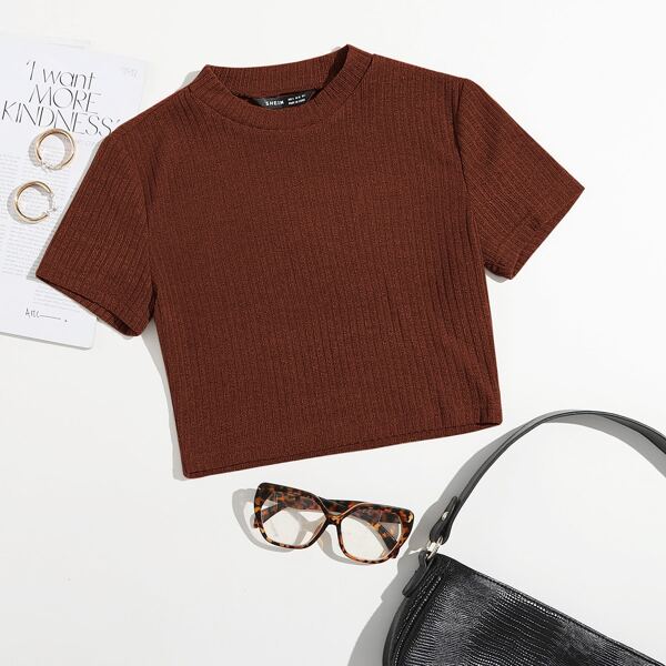 

Rib-knit Solid Tee, Chocolate brown