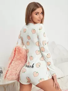 Peach & Letter Graphic Pyjama Onesie - White - View 1